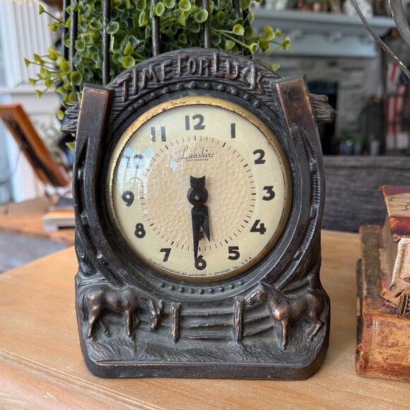 Vintage Lanshire Metal Time for Luck Mantel Clock Circa 1940's Works - Picture 1 of 16